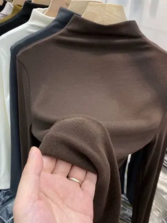 德绒半高领打底衫女秋冬季洋气内搭紧身中领白色t恤加绒磨毛上衣商品大图