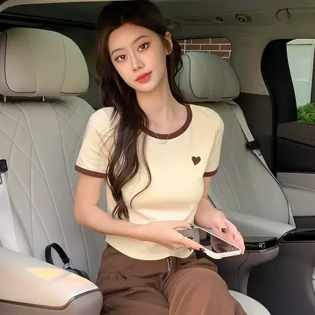 唐狮撞色短上衣女内搭新款2023爆款圆领短袖T恤衫洋气减龄11.22商品大图