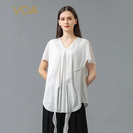 VOA真丝提花象牙白V领荷叶袖印花撞料拼接短袖燕尾设计桑蚕丝T恤图片