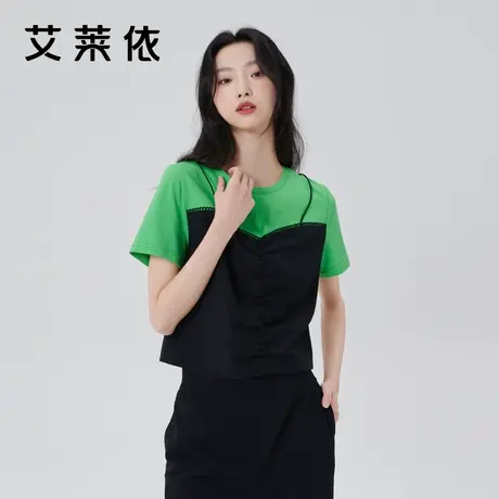 艾莱依商场同款短袖t恤女夏假两件拼接上衣设计感小众打底衫 内搭商品大图