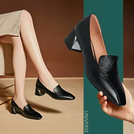 清仓法式复古单鞋方头浅口粗跟中跟女鞋纯色羊皮套脚黑色休闲鞋子商品大图