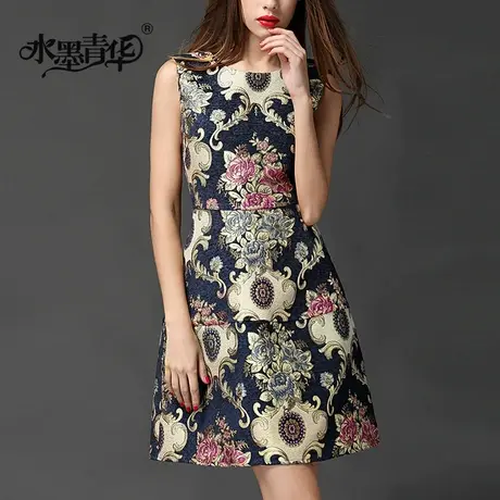 【1件7.9折】装新款欧美复古无袖宫廷式百搭提花修身连衣裙图片