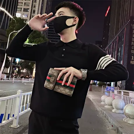 2022冬季时尚休闲翻领POLO衫个性打底衫针织衫潮牌学生条纹毛衣商品大图