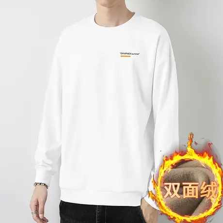 男士卫衣秋冬款宽松潮流百搭加绒保暖双面绒白色圆领无帽长袖t恤商品大图