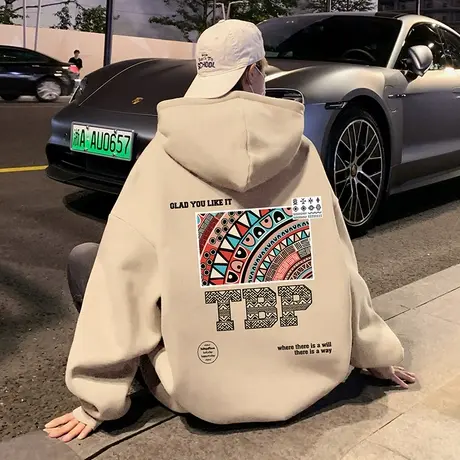 国潮民族风情侣卫衣男春秋季宽松重磅外套加绒ins潮牌休闲连帽衫商品大图