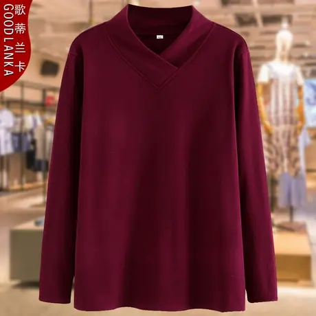 40-50岁中年妈妈秋冬打底衫大码宽松时尚V领双面德绒长袖T恤上衣图片
