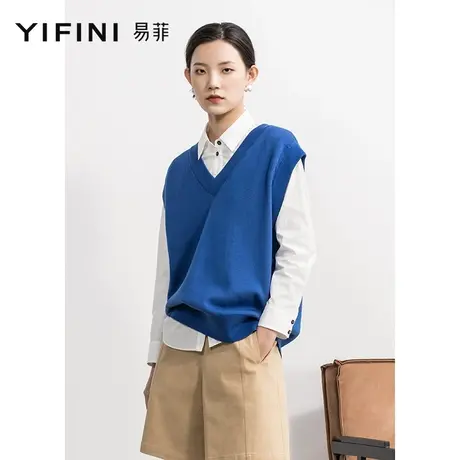 Yifini/易菲无袖V领宽松蓝色马夹女春秋新款针织后背印花马甲图片