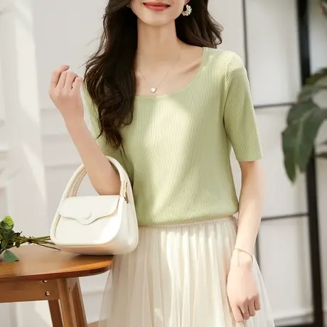时尚针织短袖T恤2023年夏季新款淑女温柔圆领修身显瘦通勤上衣商品大图