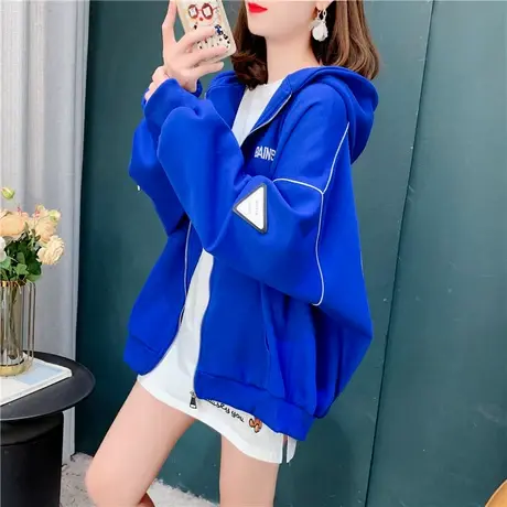 克莱因蓝连帽卫衣开衫女春季2022新款宽松慵懒风超火百搭上衣外套商品大图