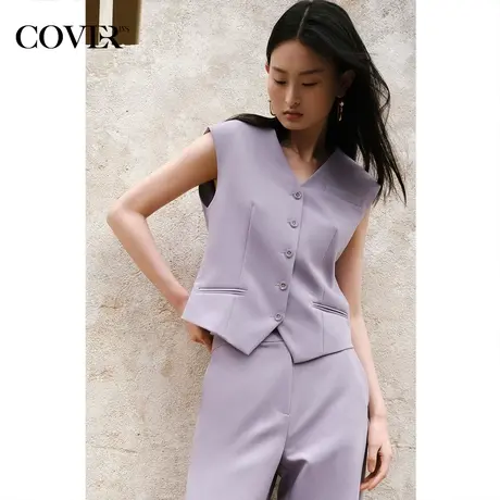COVER春季V领宽肩抗皱边西装马甲图片