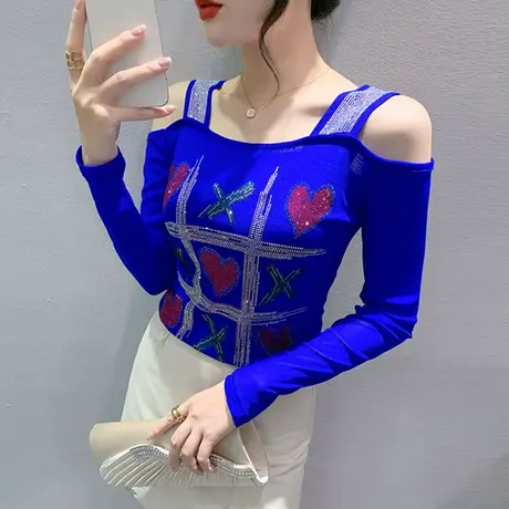 性感一字领长袖T恤女士欧货气质内搭打底衫修身露肩网纱上衣秋装商品大图