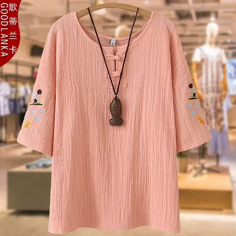 加肥加大码女棉麻上衣夏装新款2023中年胖妈妈民族风绣花短袖T恤商品大图