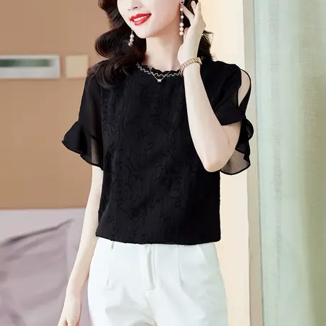 2023夏季新款雪纺衫女露肩圆领绣花雪纺提花大码胖MM短袖女上衣图片