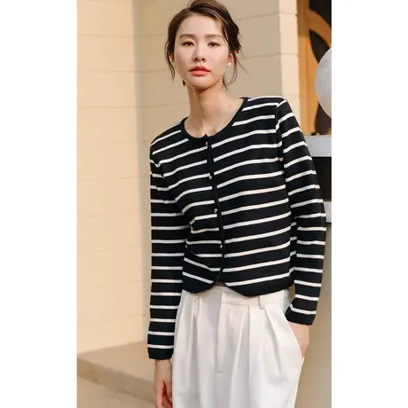 弥古黑色条纹针织衫上衣内搭高级感法式小香风外套女春秋外搭开衫商品大图