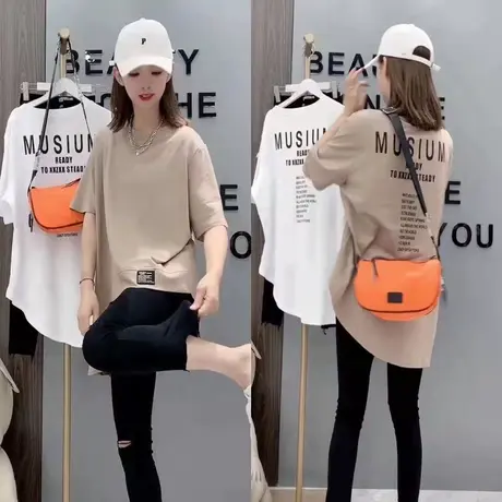 2023新款潮短袖t恤上衣女装宽松百搭不规则中长款夏季T恤女打底衫商品大图