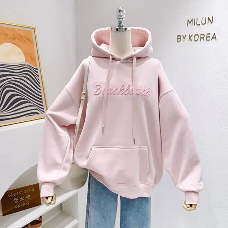 韩国东大门粉色卫衣~秋冬新款ins简约字母休闲摇粒绒上衣外套宽松图片
