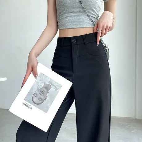 黑色直筒窄版阔腿裤女夏季薄款高腰显瘦宽松垂感休闲裤西装拖地裤商品大图