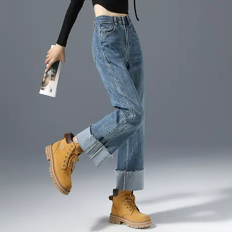 八分卷边直筒牛仔裤女2024新款女裤高腰显瘦裤子小个子九分阔腿裤商品大图