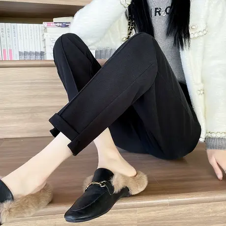 黑色毛呢裤女秋冬新款高腰宽松直筒小个子烟管裤休闲呢子哈伦裤潮图片