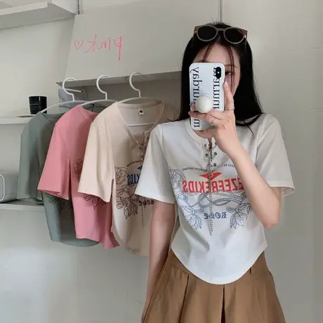 大码胖MM设计感小众白色t恤女2024夏季新款个性链条镂空短袖上衣图片