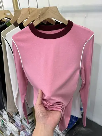 欧货撞色圆领柔软长袖T恤女2023春季新款洋气打底衫体恤上衣ins潮图片