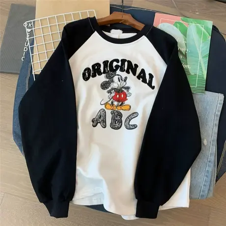 美式重磅插肩袖无帽卫衣2023新款女款春秋薄款毛线米奇圆领上衣服商品大图