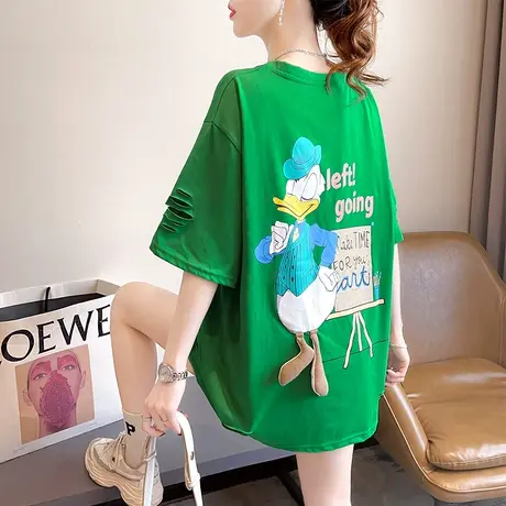 设计感小众短袖t恤女夏装韩版宽松大码中长款下衣失踪破洞上衣服商品大图