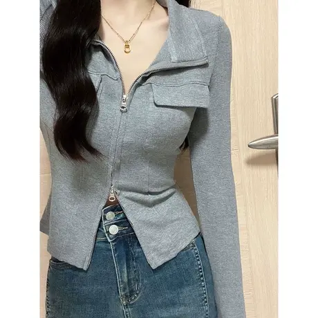 辣妹短款露脐长袖T恤女秋季双拉链设计感小众修身显瘦POLO领上衣商品大图