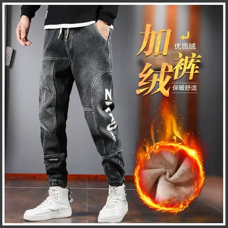 秋冬款冬季羊羔绒松紧腰牛仔裤男士2024新款加绒裤加厚男裤子工装商品大图