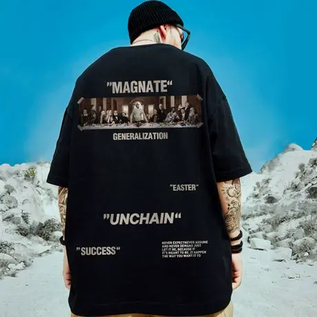 oversize欧美潮牌胖子男装大码国潮男士宽松油画短袖T恤潮流半袖商品大图