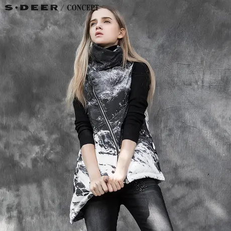 sdeer圣迪奥女装秋冬装氤氲水墨斜摆立领羽绒背心S15481686商品大图