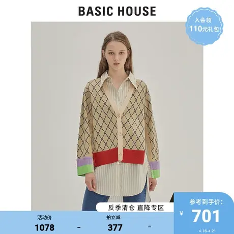 Basic House/百家好女装秋冬商场同款假两件格子针织开衫HUCD720G商品大图