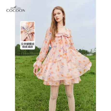 【秋上新】missCOCOON法式印花连衣裙女装2023春秋季新款方领裙子图片