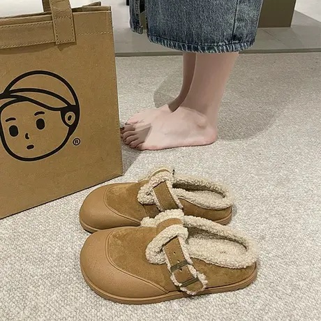 勃肯女鞋毛毛拖鞋女外穿2023新款秋冬季加绒懒人一脚蹬包头博肯鞋商品大图