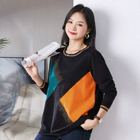 2024年春季新款女装时尚大码胖mm宽松撞色烫钻针织圆领长袖毛衣女图片