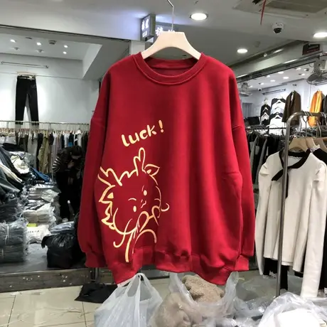 欧洲站2023冬季新品卡通印花减龄宽松显瘦大红色加绒加厚卫衣女商品大图