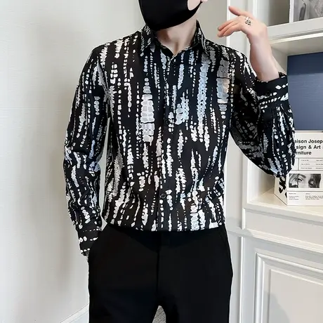 2023春秋季高级感花色休闲衬衫男修身百搭衬衣痞帅发型师上衣寸衫图片