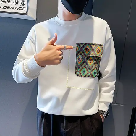 秋款卫衣简约潮流上衣打底衫2022新款花色口袋潮牌ins痞帅长袖T恤商品大图
