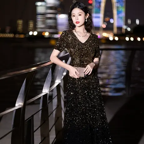 晚礼服女2023新款高端气质轻奢高贵亮片晚会宴会主持人高档连衣裙图片