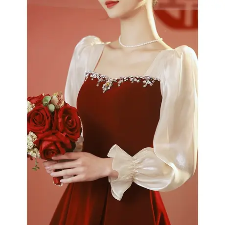 敬酒服2023新款新娘高级感纱袖平时可穿订婚礼服女夏季红色连衣裙商品大图