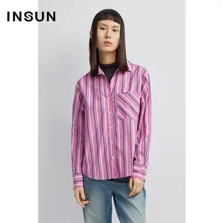 INSUN恩裳秋季纯棉口袋撞色条纹衬衫图片