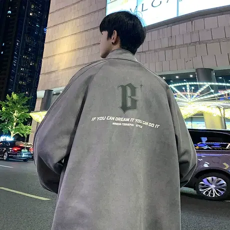 港风麂皮绒外套男秋冬季宽松休闲飞行员夹克潮牌ins立领情侣上衣商品大图