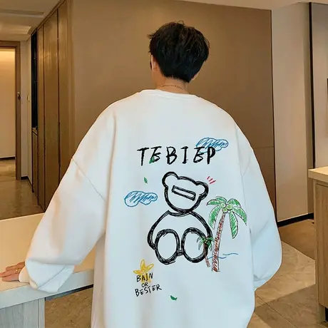 小熊印花圆领oversize卫衣男秋冬季宽松美式ins潮牌港风无帽外套t商品大图