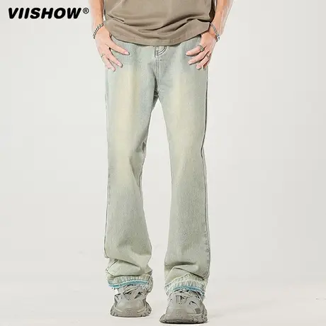 VIISHOW牛仔裤男水洗做旧复古黄泥染裤春季潮牌高街宽松直筒裤子图片