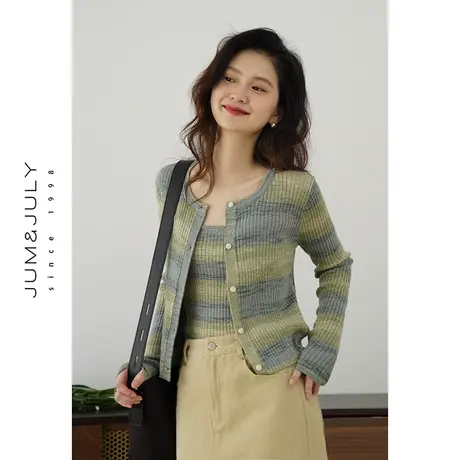 嘉茱莉新款段染条纹针织开衫外套女针织吊带两件套圆领针织上衣图片