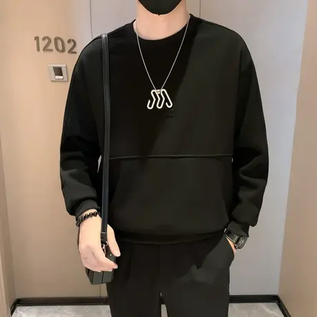 卫衣男春季长袖T恤休闲轻熟圆领字母上衣2024新款潮牌打底衫体恤商品大图