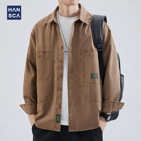 hansca工装衬衫长袖男美式重磅春季新款潮牌复古纯棉休闲衬衣外套商品大图