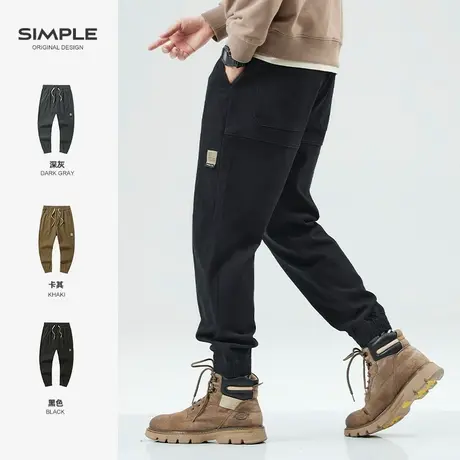 hansca秋冬弹力束脚休闲裤男士黑色复古宽松潮牌大码工装长裤子男商品大图