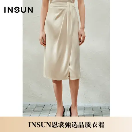 INSUN恩裳夏季缎面三醋酸褶皱开叉半身裙图片
