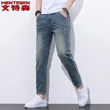 春季冲量新品弹力牛仔裤男直筒潮流修身复古蓝色九分裤图片